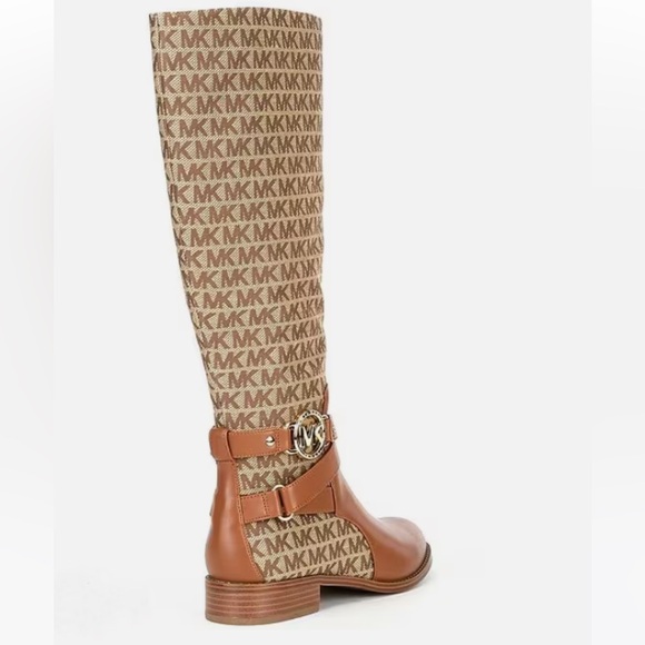 🆕 Michael Kors Rory Beige Logo Jacquard and Leather Riding Boots - Picture 4 of 12
